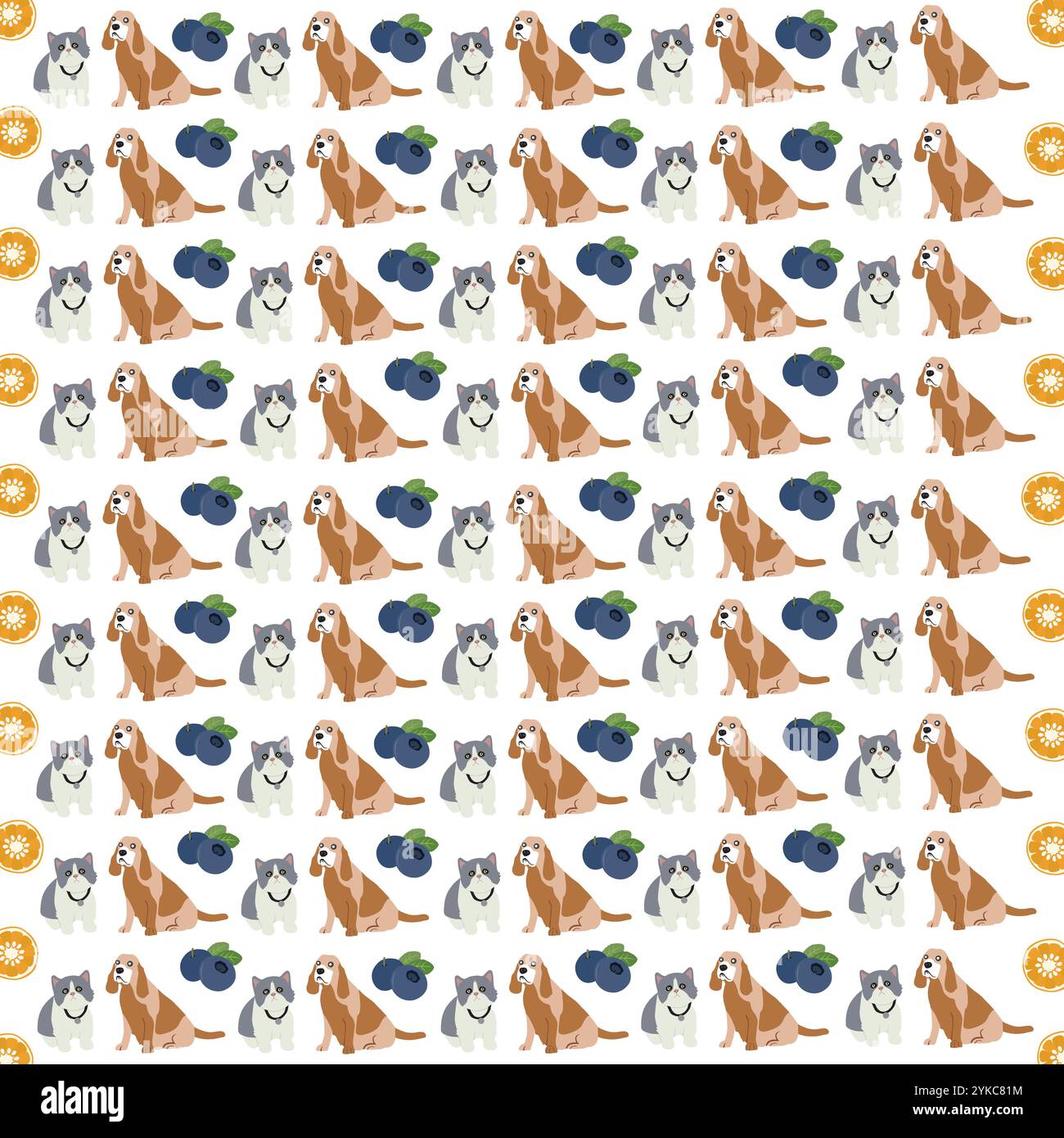 gatto, cane con frutta come sfondo Illustrazione Vettoriale