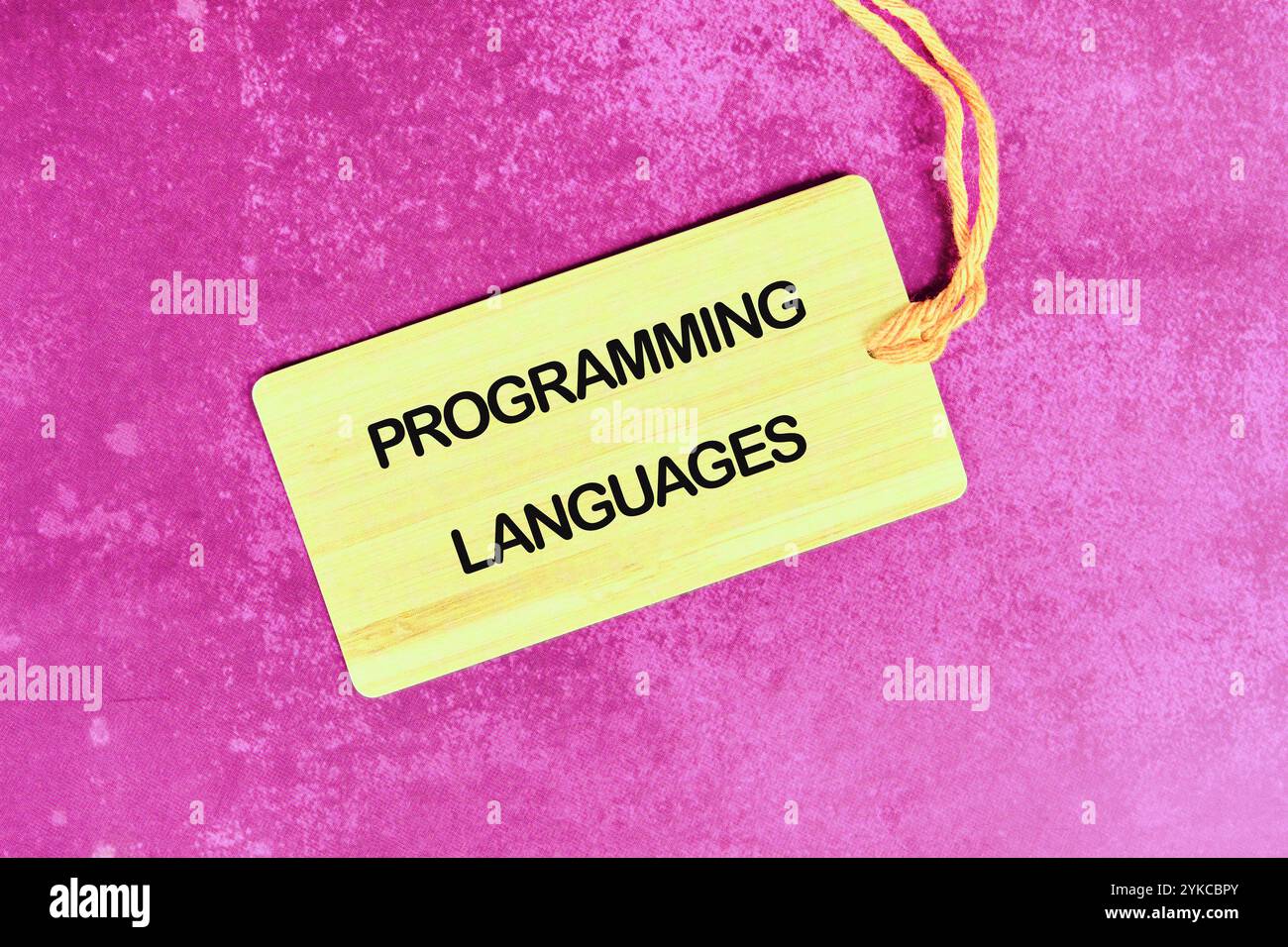 Business, programmazione, interfaccia, applicazione e concetto di rete. LINGUAGGI DI PROGRAMMAZIONE testo sulla scheda su sfondo cremiso. Foto Stock