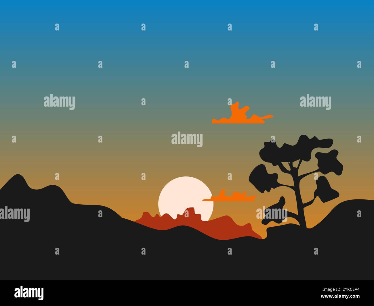 illustrazione vettoriale del tramonto dal design piatto Illustrazione Vettoriale