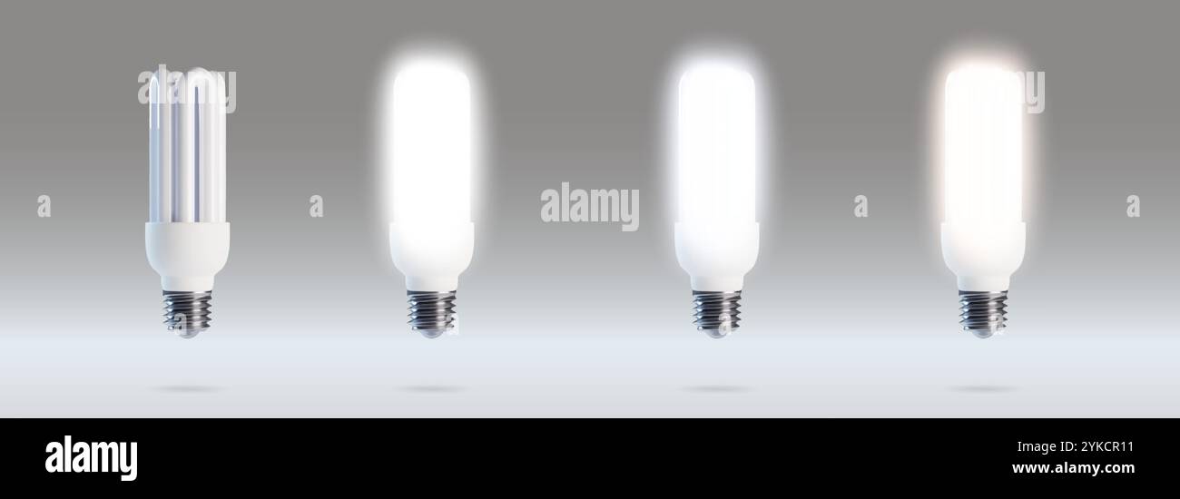 Lampade fluorescenti compatte isolate sullo sfondo. Illustrazione vettoriale realistica dell'accensione e dello spegnimento della luce cfl con ombre, apparecchiature di illuminazione a risparmio energetico per la casa o l'ufficio, tecnologia moderna Illustrazione Vettoriale