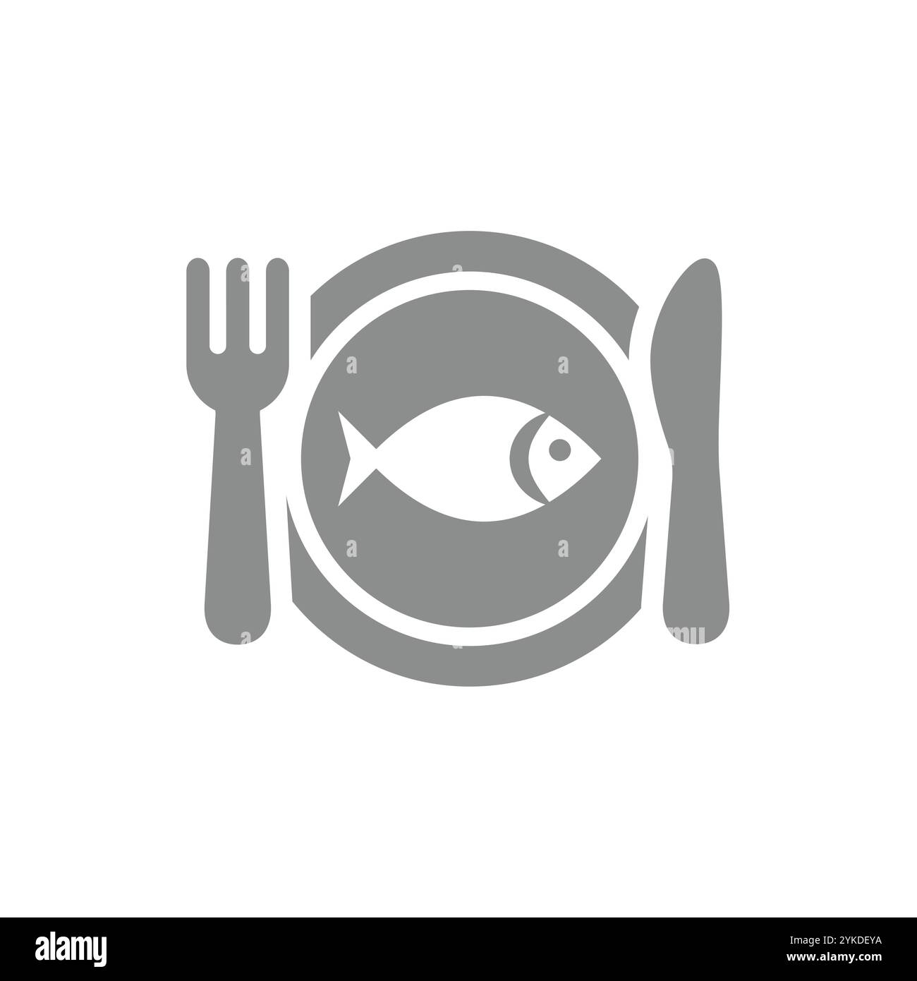 Farina di pesce con forchetta e coltello vettoriale. Icona del pesce o del pesce. Illustrazione Vettoriale