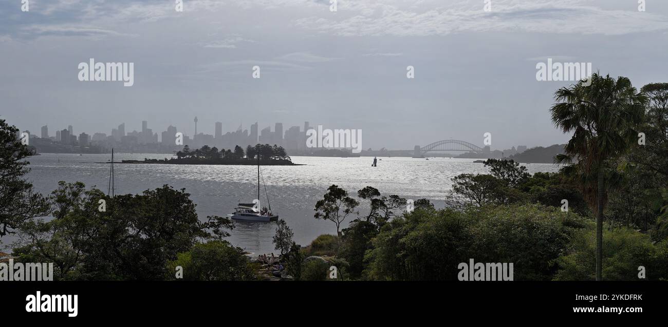 Panorama del porto di Sydney un picnic a Vaucluse, il Bridge Opera House e lo skyline del CBD in nebbia, parco e alberi in primo piano, primavera Sydney, Australia Foto Stock