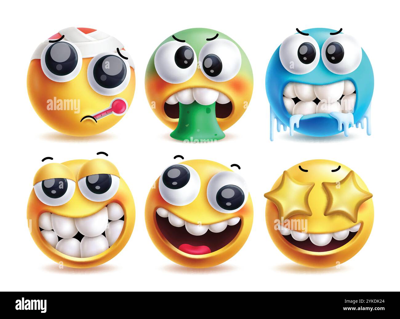 Blocco del set di caratteri vettoriali emoji. Emoji in malato, vomito, freddo, divertente, sorridente e gli occhi stellati ritagliano le espressioni facciali grafiche con icone gialle Illustrazione Vettoriale