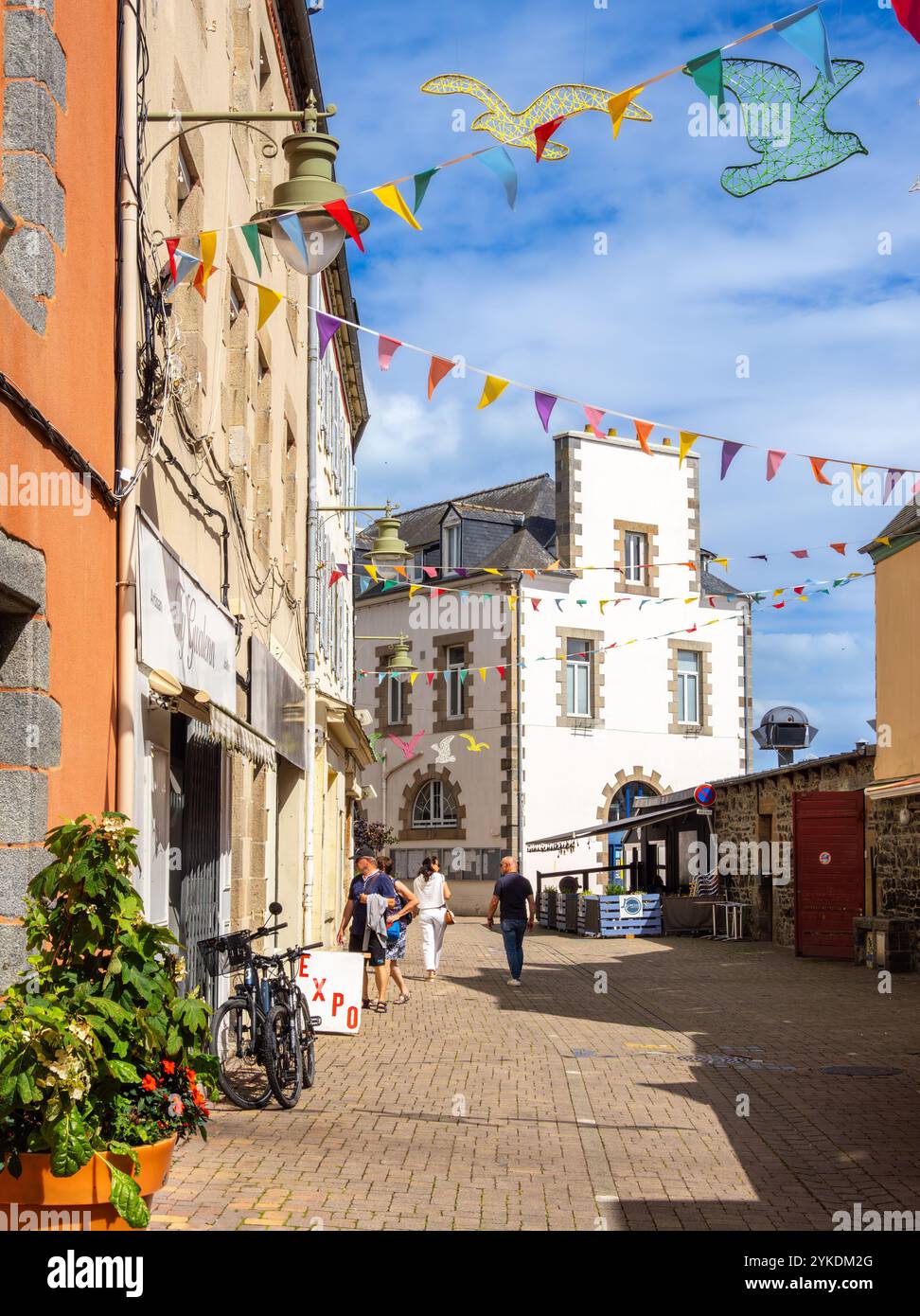 Binic, Francia - 21 luglio 2024: Scena di strada con decorazioni colorate e sculture di uccelli in filo metallico appeso. Gli edifici sono fatti di pietra e h Foto Stock