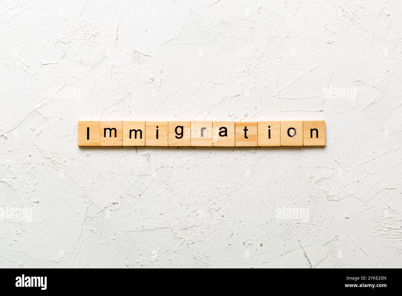 parola immigrazione scritta su blocco di legno. testo immigrazione su tavola, concetto. Foto Stock