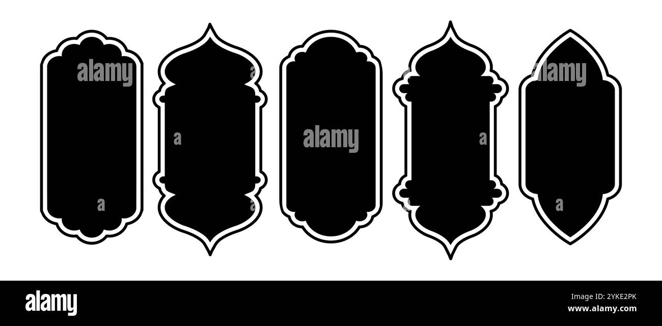 Finestre ad arco islamico. Architettura indiana. Silhouette della porta araba nera. Telai Ramadan kareem. Illustrazione vettoriale tradizionale Illustrazione Vettoriale