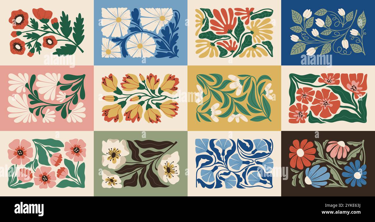 Fiori astratti. Forme organiche a doodle, stile artistico matisse alla moda, elementi floreali contemporanei, decorazioni botaniche, sfondo orizzontale, striscione Illustrazione Vettoriale