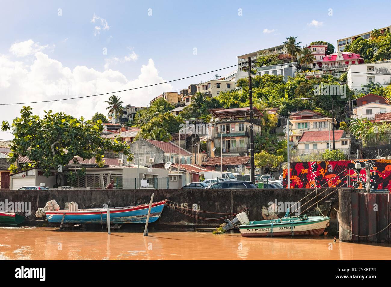 Fort-de-France, Martinica - 3 gennaio 2018: Case colorate si arrampicano sulla collina che si affaccia su un tranquillo porto, dove sono ormeggiate piccole barche da pesca. Foto Stock Fort-de-France, Martinica - 3 gennaio 2018: Case colorate si arrampicano sulla collina che si affaccia su un tranquillo porto, dove sono ormeggiate piccole barche da pesca. Foto Stock