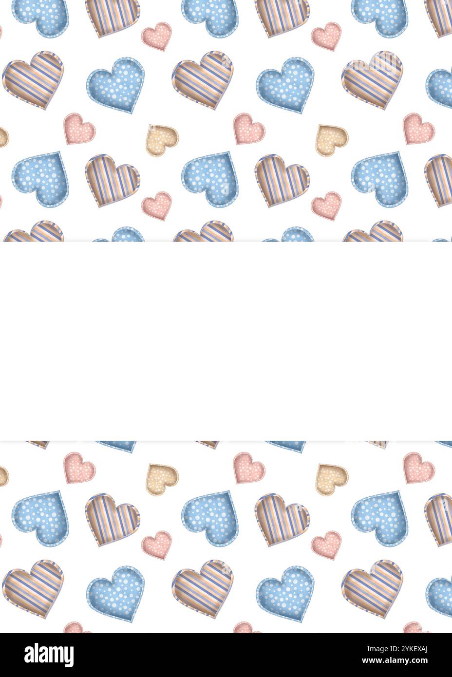 Cuscini a forma di cuore in tessuto. Blu, rosa e beige. Polka a pois e motivi a righe. Design da cartolina pronto all'uso. Illustrazione ad acquerello disegnata a mano. Foto Stock