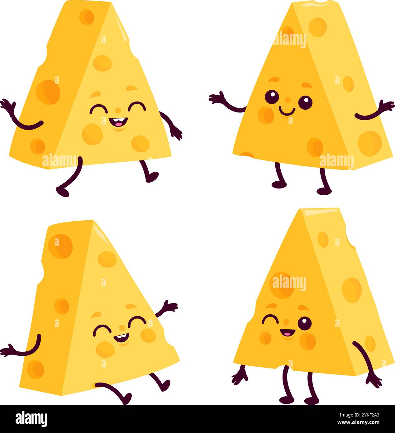 Simpatici personaggi di formaggio tagliati a pezzi di triangolo. Set di prodotti caseari a cartoni animati, Edam, parmigiano, mozzarella. Raccolta di illustrazioni vettoriali Illustrazione Vettoriale