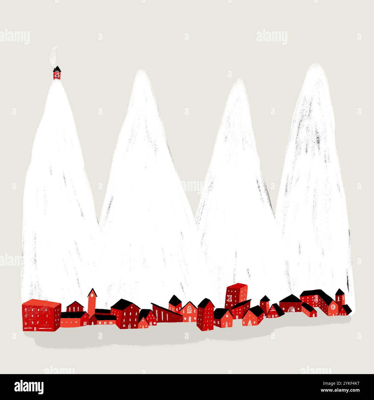 Illustrazione di una pittoresca cabina rossa arroccata su una montagna innevata, affacciata su un villaggio di case rosse simili annidate alla base. Foto Stock