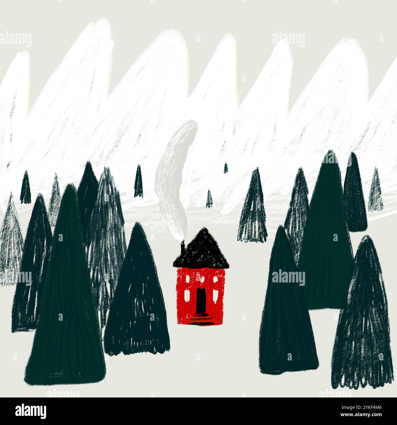Una pittoresca cabina rossa con fumo curling dal suo camino sorge in mezzo a una foresta di pini, con montagne innevate che si innalzano maestosamente sul retro Foto Stock