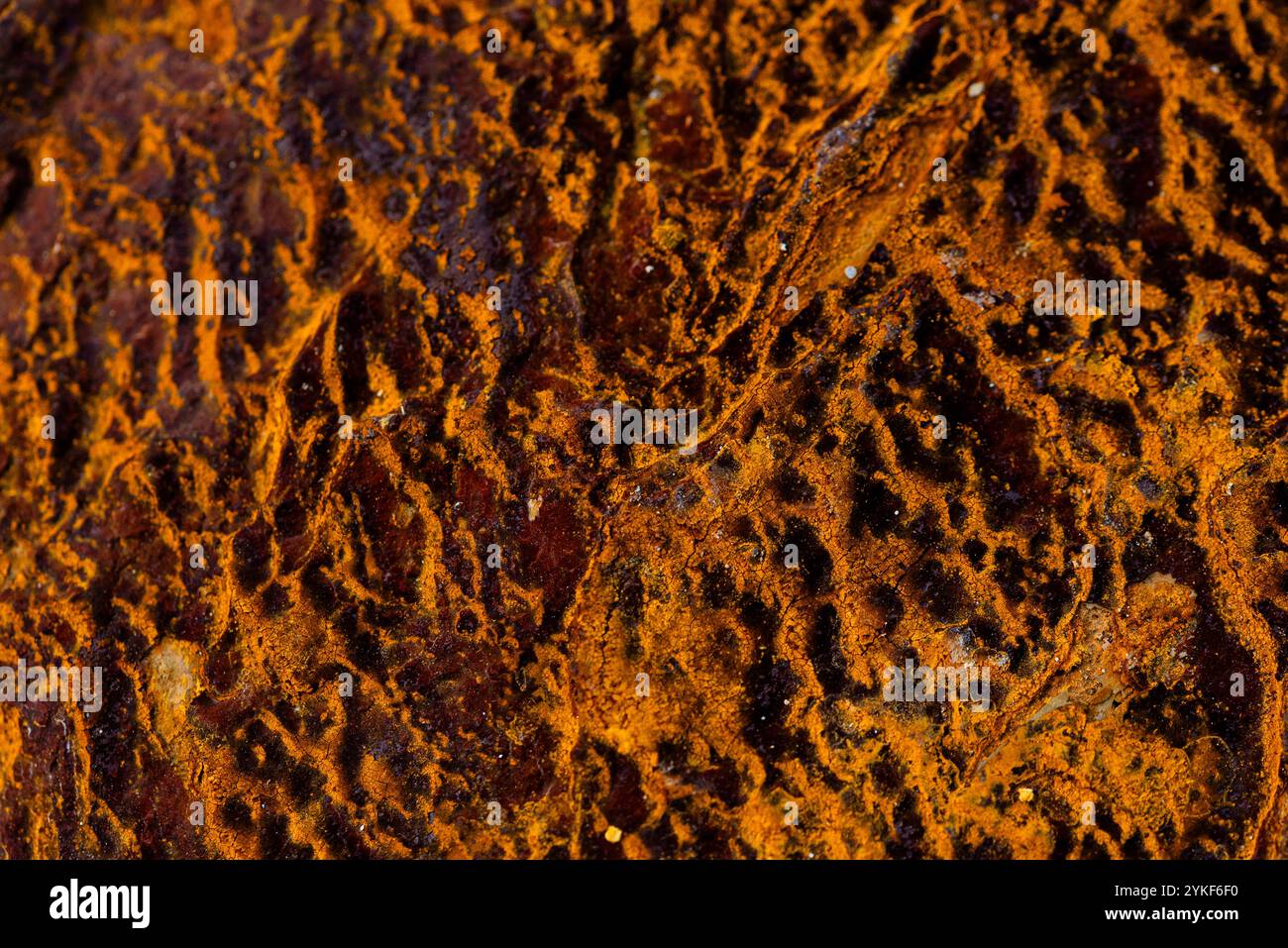 Primo piano dei depositi di ferro vibranti e testurizzati che si trovano nella miniera di Rio Tinto a Huelva, in Spagna, con ricche sfumature di arancio e marrone. Foto Stock