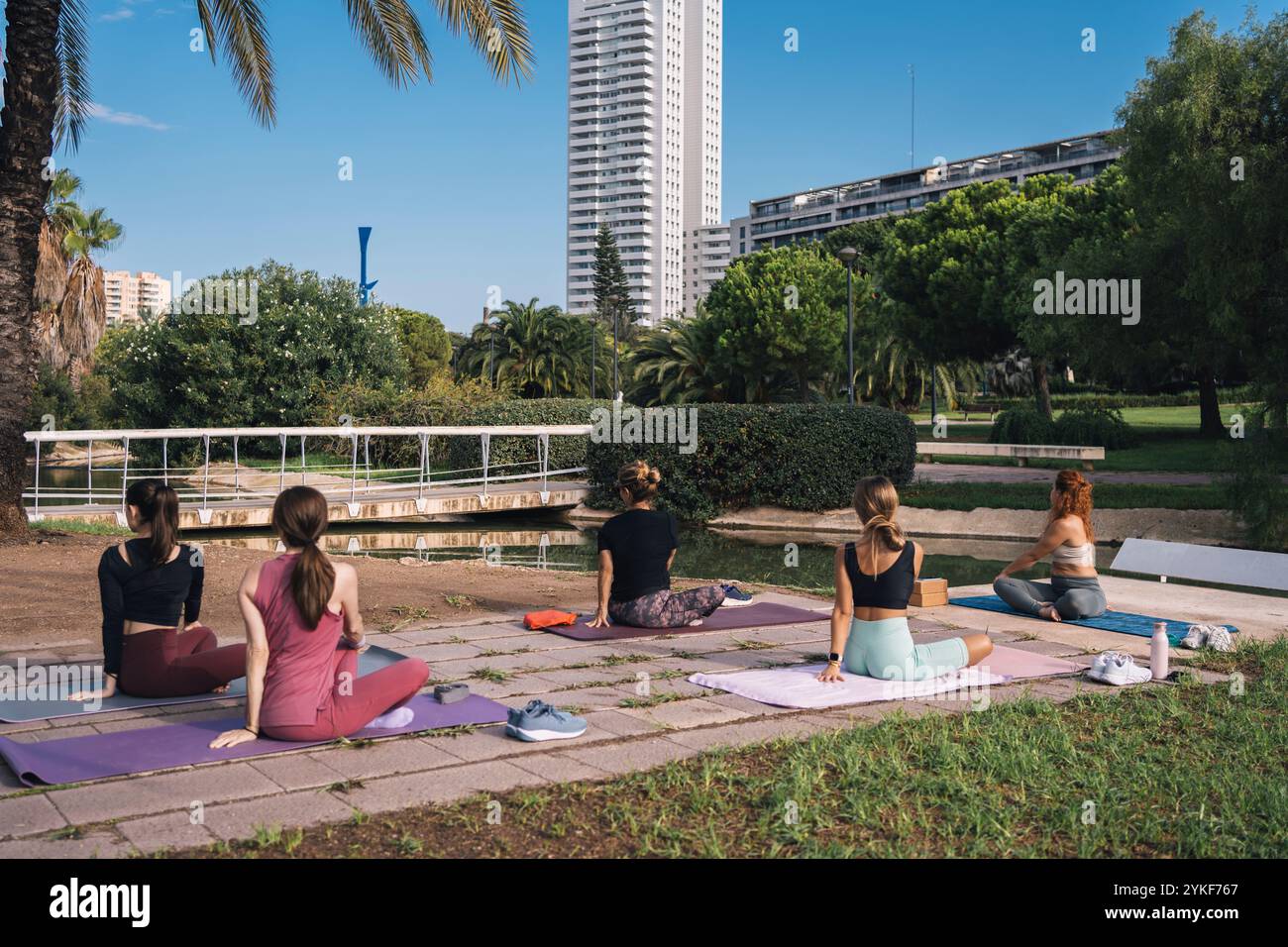 Vista posteriore di donne irriconoscibili sedute in varie pose yoga in un parco tranquillo. Le donne, catturate da dietro, dimostrano postura e concentrazione in mezzo Foto Stock