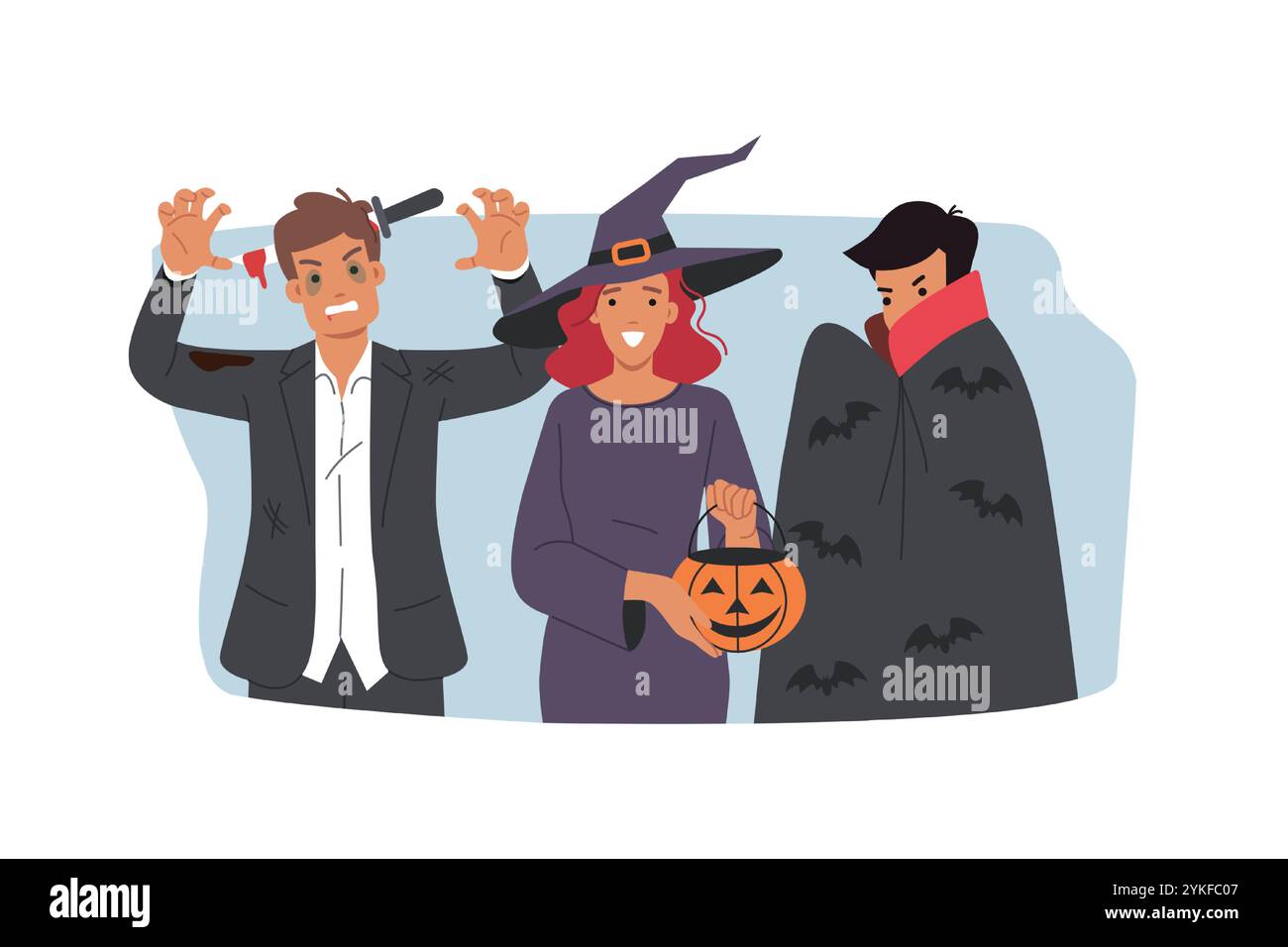 Le persone in costume di halloween fanno un aspetto minaccioso per spaventare gli amici che festeggiano il 31 ottobre Illustrazione Vettoriale