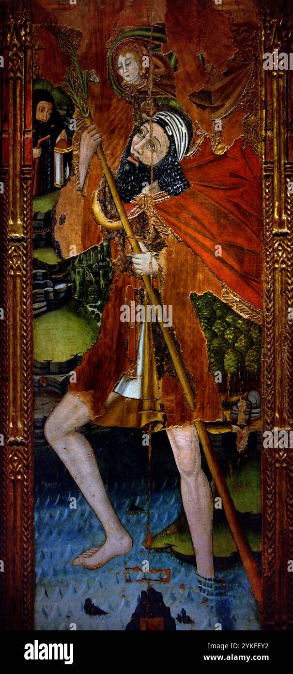 Taula de Sant Cristofol 1504 Capella de Saint Cristofol de Girona, Tavola di San Cristopher 1504 Cappella di San Cristopher de Girona, XVI secolo, Museo di Belle Arti di Girona, Spagna, spagnolo, ( San Cristoforo ha trasportato il bambino di Cristo attraverso un fiume; è anche il santo patrono dei viaggiatori. ) Foto Stock