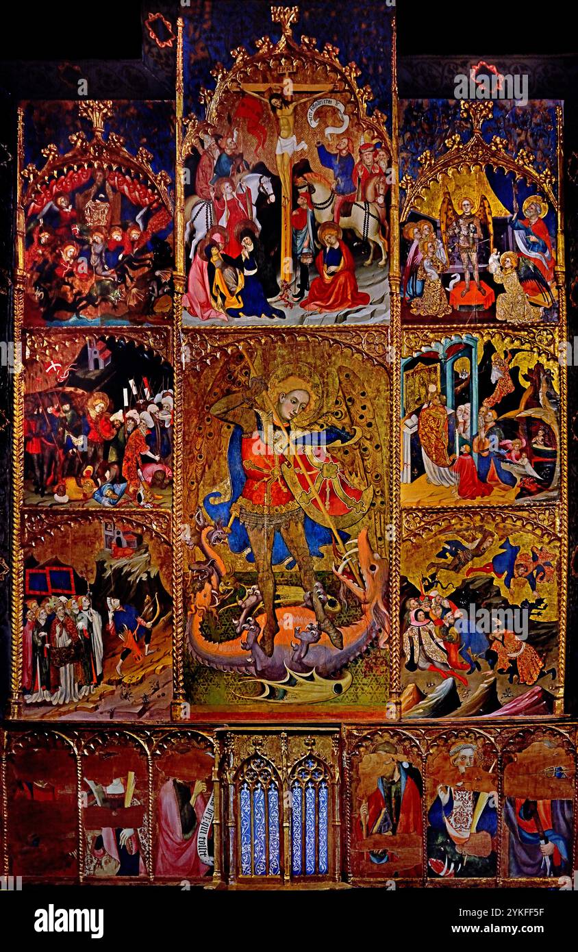 Retaule de Sant Miquel - Pala di San Michele 1416 di Lluis Borrassà 1365-1425 XV secolo, Girona fine Art Museum, Spagna, spagnolo, ( San Michele, vanquishing, Satana, Arcangelo Michele in piedi sulla schiena di Satana, con il piede destro, tenendo in mano una lancia, Divel, San Michele, Arcangelo, difensore, della Chiesa, principale oppositore di Satana, e assiste le persone nell'ora della morte, ) Foto Stock