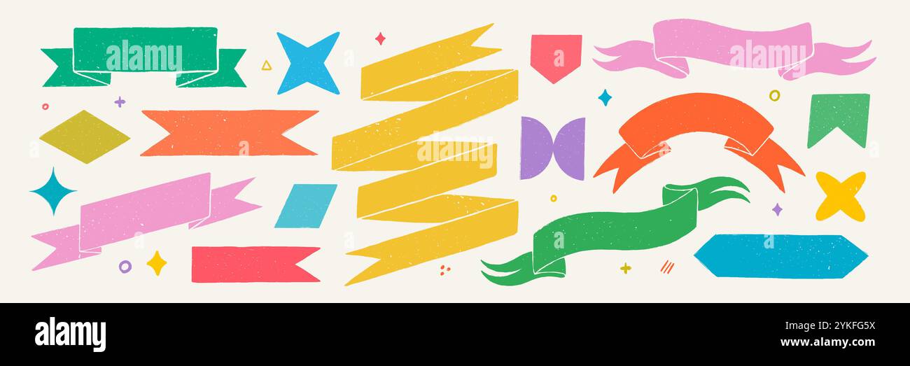 Striscioni e forme a nastro retrò in stile rustico rustico. Badge, striscioni, bandiere e altri elementi di design disegnati a mano in stile vintage. Disegnato a mano Illustrazione Vettoriale