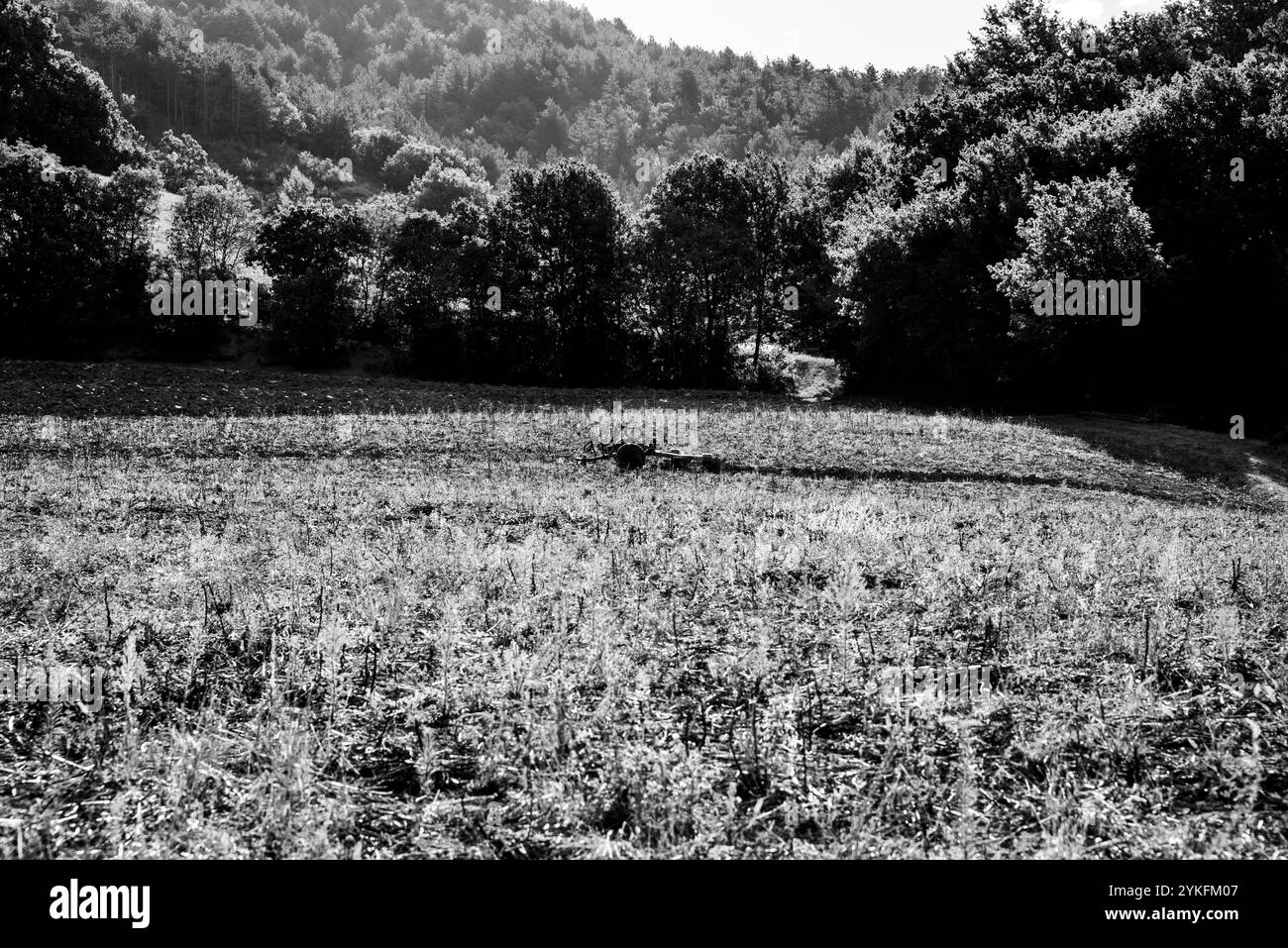 fotografia in bianco e nero di un veicolo agricolo abbandonato nel mezzo di un campo mezzo arato Foto Stock