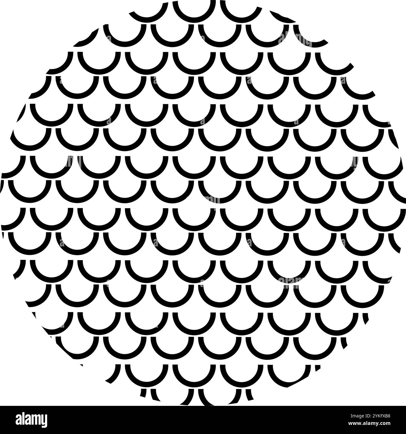 Cerchio con motivi asiatici di scaglie nere di pesce, drago marino. Piccoli elementi hanno creato un senso di movimento del flusso all'interno della messa a fuoco visiva circolare. Semplice Illustrazione Vettoriale