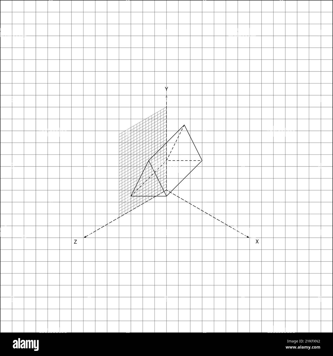 Immagine del triangolo volumetrico allungato lungo la griglia delle coordinate su un foglio di carta a scacchi del notebook. Foglio di carta scolastica rivestito in una gabbia con mathematica Illustrazione Vettoriale