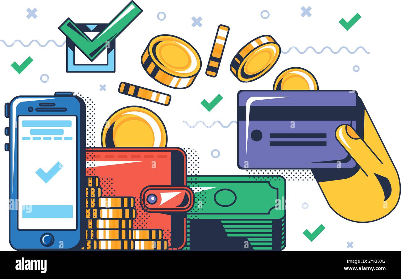 Pagamento multicolore per l'acquisto online con carta di credito. Pagamenti semplici tramite app mobile. Transazioni bancarie pratiche e sicure. Futuristico cartone animato o Illustrazione Vettoriale