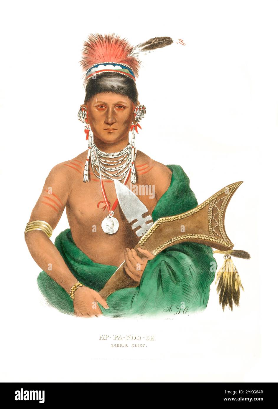 Indiani, nativi americani del Nord America, AP-Pa-Noo-se, capo dei Saukie, Sauk o Sac, nativi americani e popoli indigeni dei boschi nord-orientali, Stati Uniti d'America, USA, dipinto di Charles Bird King (1785 - 1862), intorno al 1840, riproduzione storica, restaurata digitalmente da un originale del XIX secolo, data record non dichiarata, Indianer, Ureinwohner von Nordamerika, Häuptling der Saukie, Saukie, Saukie amerikanische Ureinwohner und indigene Völker der nordöstlichen Waldgebiete, Vereinigte Staaten von Amerika, Gemälde von Charles Bird King (1785 - 1862), um 1840, Foto Stock