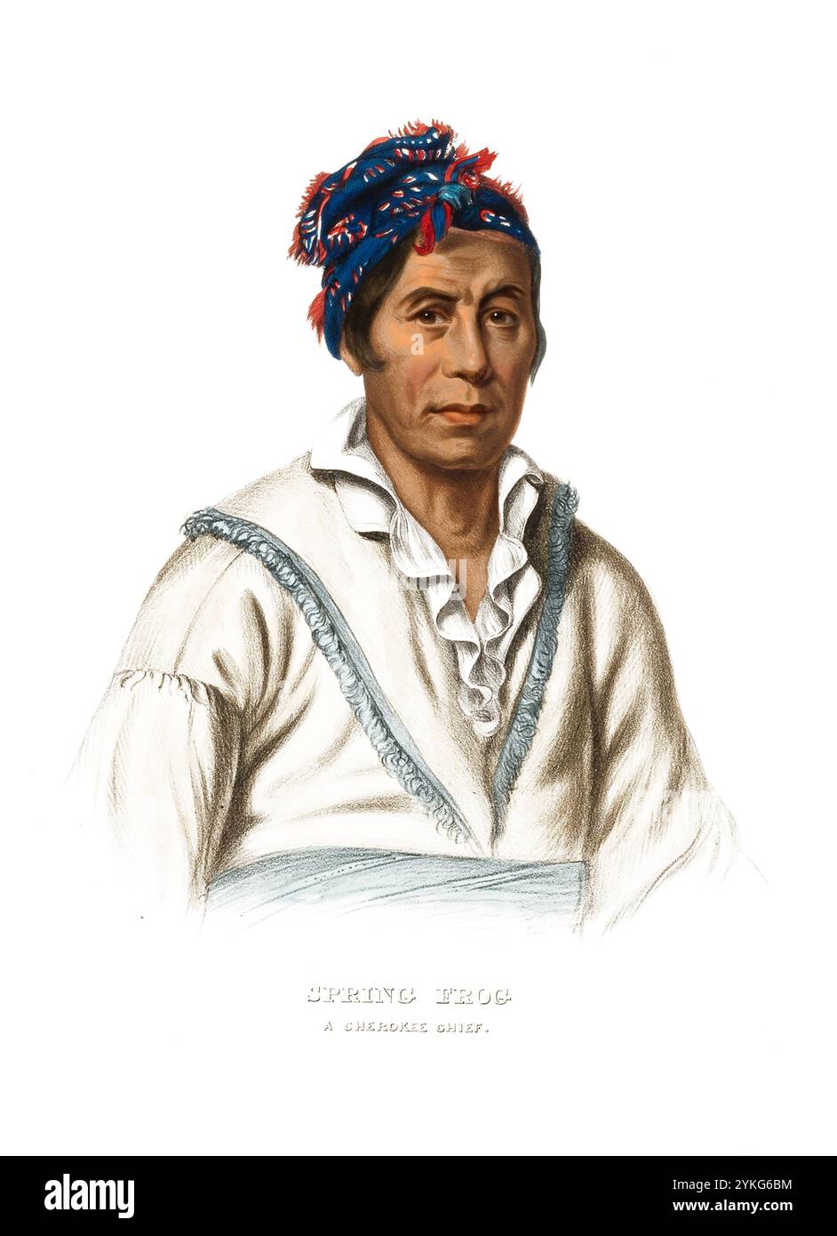Indiani, nativi americani, Spring Frog, Chief of the Cherokee Tribe, United States of America, USA, Painting by Charles Bird King (1785 - 1862), intorno al 1840, Historical, digitalmente restaurata riproduzione da un originale del XIX secolo, record date not stated, Indianer, Ureinwohner von Nordamerika, Häuptling vom Stamm der Cherokee 1785, Vereinigte Staaten von Amerika 1840, Gemälde von Nordamerika, von Amerika, 1862, Charles Vorinwohaus, Dvrisch, Dvrist. Jahrhundert Foto Stock