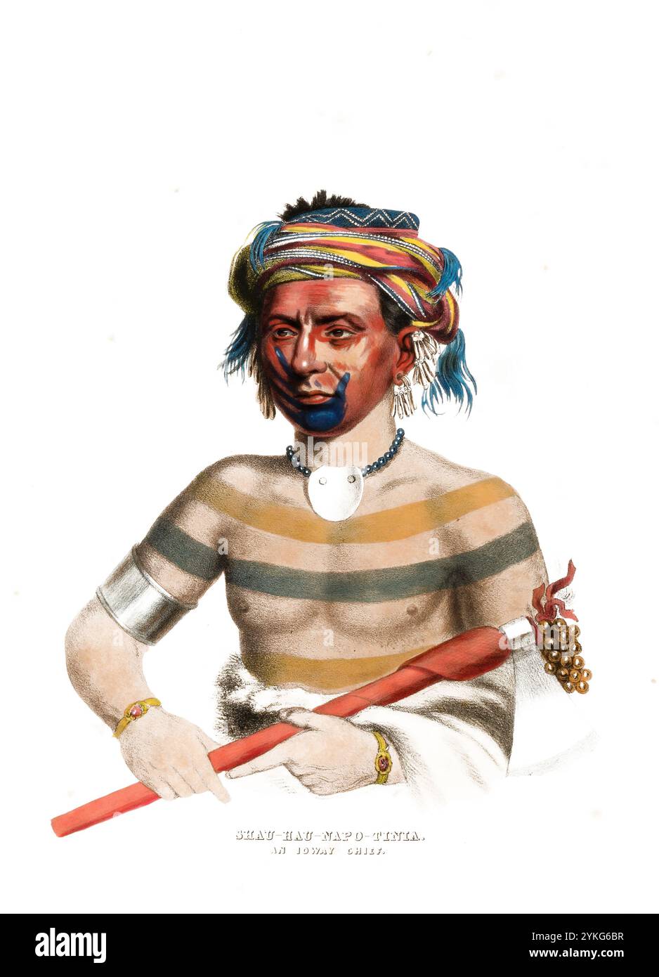 Indians, Native Americans of North America, Shau-Hau-Napo-tinta, Chief of the Ioway Tribe, United States of America, USA, Painting by Charles Bird King (1785 - 1862), intorno al 1840, Historical, digitalmente restaurata riproduzione da un originale del XIX secolo, record date Not stated, Indianer, Ureinwohner von Nordamerika, Häuptling vom Stamm der Ioway Gemälde, Vereinigaus, Vereinigaus, 1862 (1785), Charles Vereinigaus von Vrestyorkaut) 1840. Jahrhundert Foto Stock