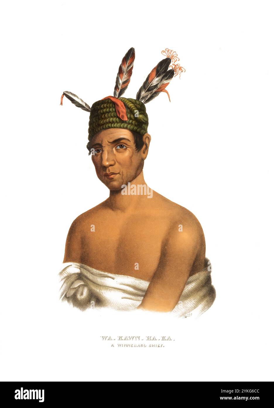 Indiani, nativi americani, Wa-Kawn-ha-Ka, capo della tribù Winnebago, Stati Uniti d'America, USA, dipinto di Charles Bird King (1785 - 1862), intorno al 1840, riproduzione storica, restaurata digitalmente da un originale del XIX secolo, data record non dichiarata, Indianer, Ureinwohner von Nordamerika, Häuptling vom Stamm der Winnebago Gemälde, Vereini 1785 1862 1840 Jahrhundert Foto Stock
