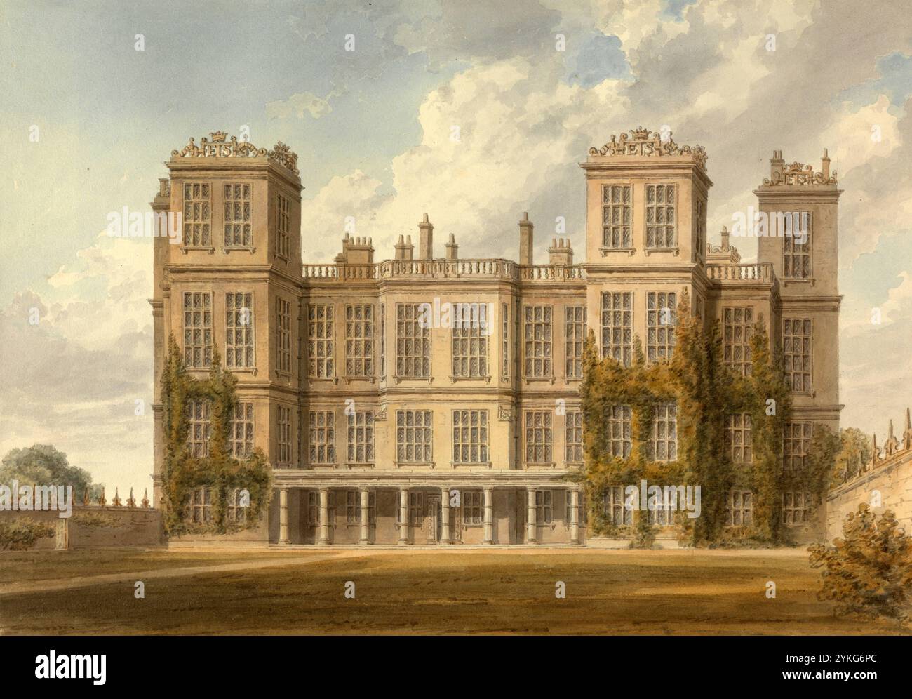 Nordansicht von Hardwick Hall, Derbyshire, dem Sitz des Herzogs von Devonshire, Inghilterra, digital restaurierte Reproduktion eines Originals von John Bu Foto Stock