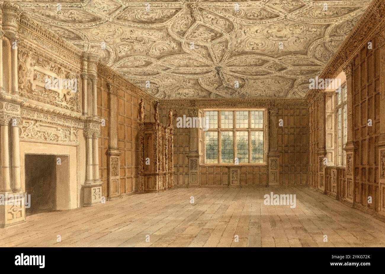 Innenansicht des Drawing Room, Stockton House, Wiltshire, Inghilterra, digital restaurierte Reproduktion eines Originals von John Buckler aus dem 19. Jahrhundert, Aufnahmedatum nicht angegeben, Vista interna del salotto, riproduzione restaurata digitalmente di un originale del XIX secolo, data record non dichiarata Foto Stock