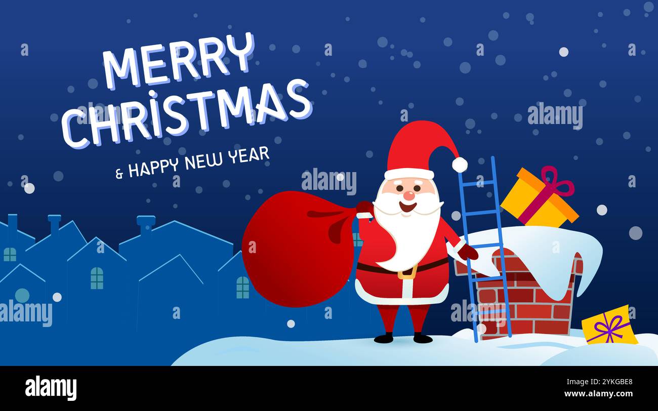 Buon Natale e felice anno nuovo. Babbo Natale mette i regali in un camino fuori da una borsa. Illustrazione Vettoriale