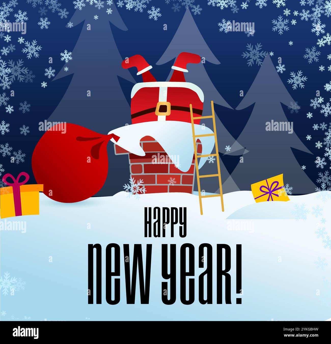 felice anno nuovo. Babbo Natale si tuffa nel camino. Ci sono dei regali dalla borsa accanto ad essa. Illustrazione Vettoriale