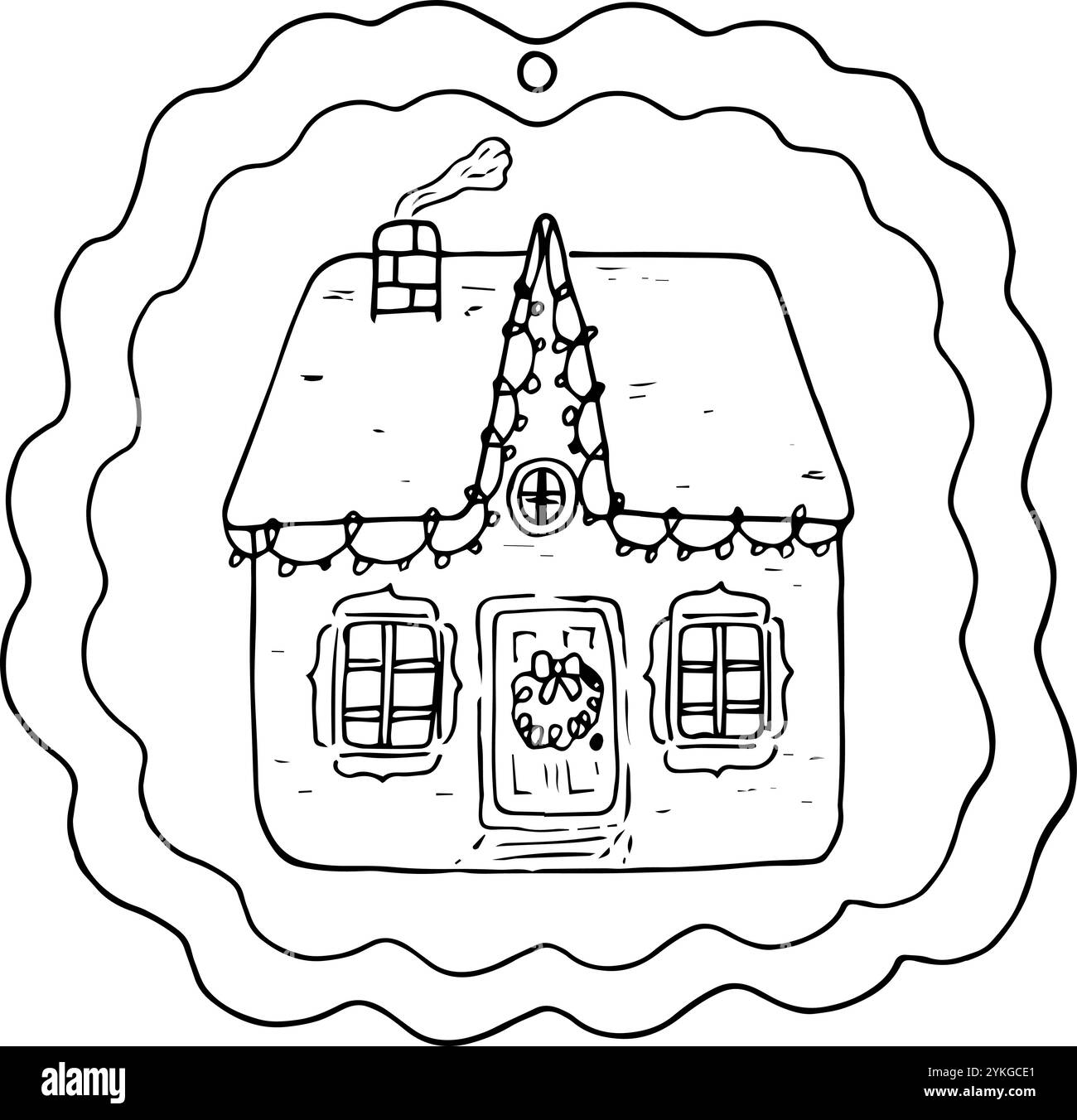 Disegno di una casa privata decorata per le vacanze, cottage accogliente, contorno per tag, tag, adesivo. Disegno vettoriale disegnato a mano. Illustrazione Vettoriale