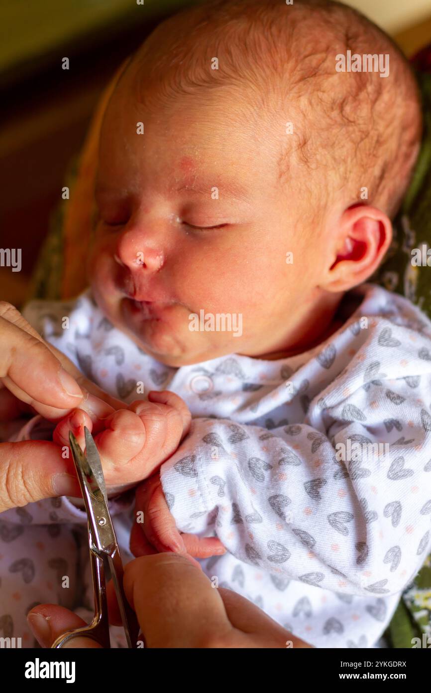 Mamma rifilare delicatamente le unghie del neonato per la prima volta Foto Stock