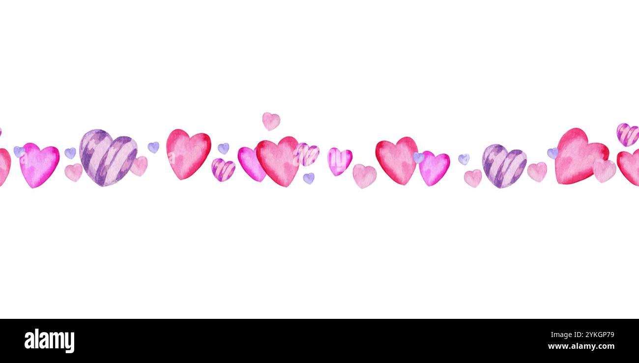 Bordo senza cuciture con cuore fino a San Valentino, disegno ad acquerello a mano di cuori diversi rosa e lilla, tavola colori per la festa di San Valentino dicembre Foto Stock