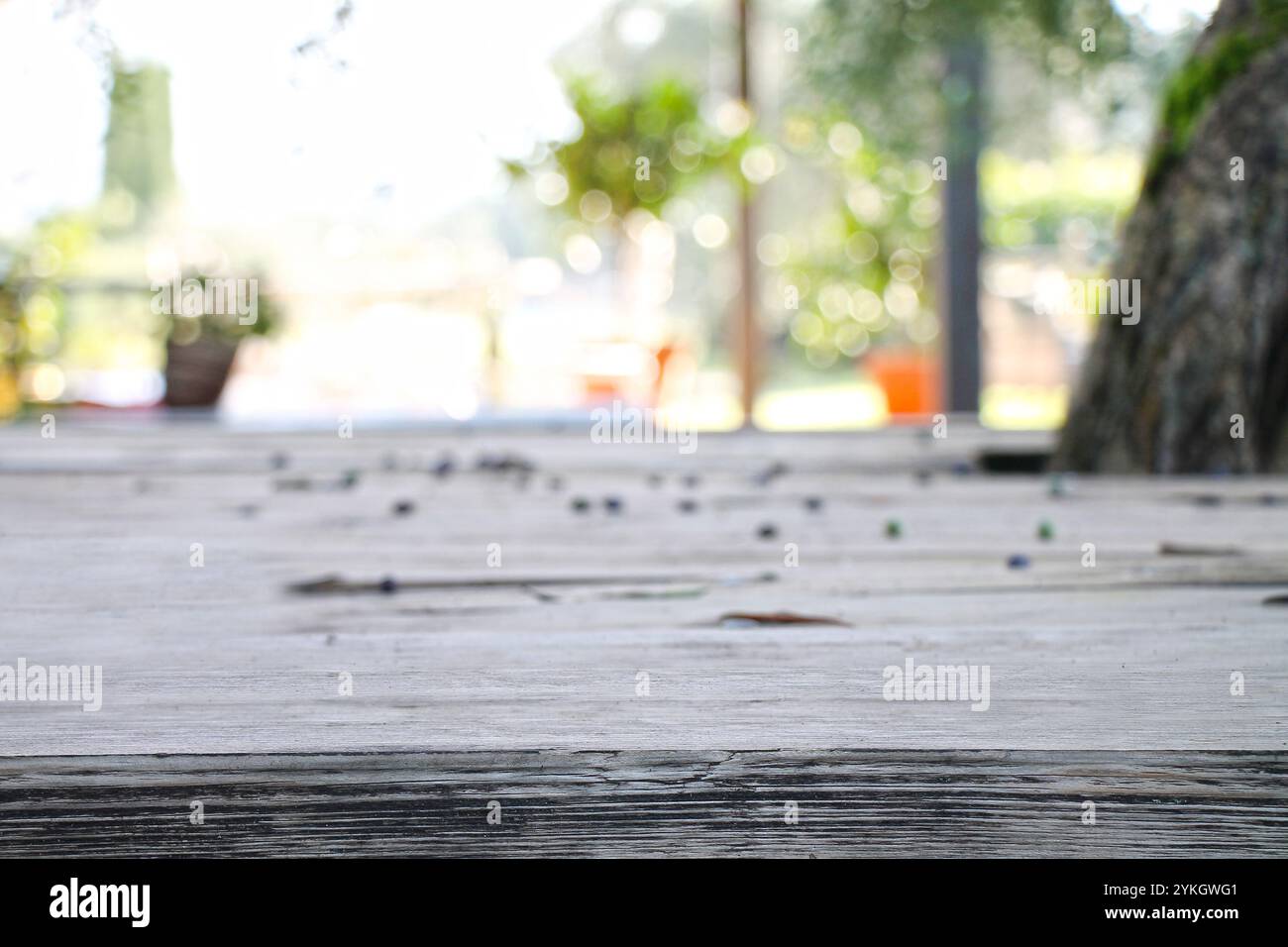 Sfondo soleggiato sfocato del giardino estivo attraverso un tavolo rustico in legno. Foto Stock