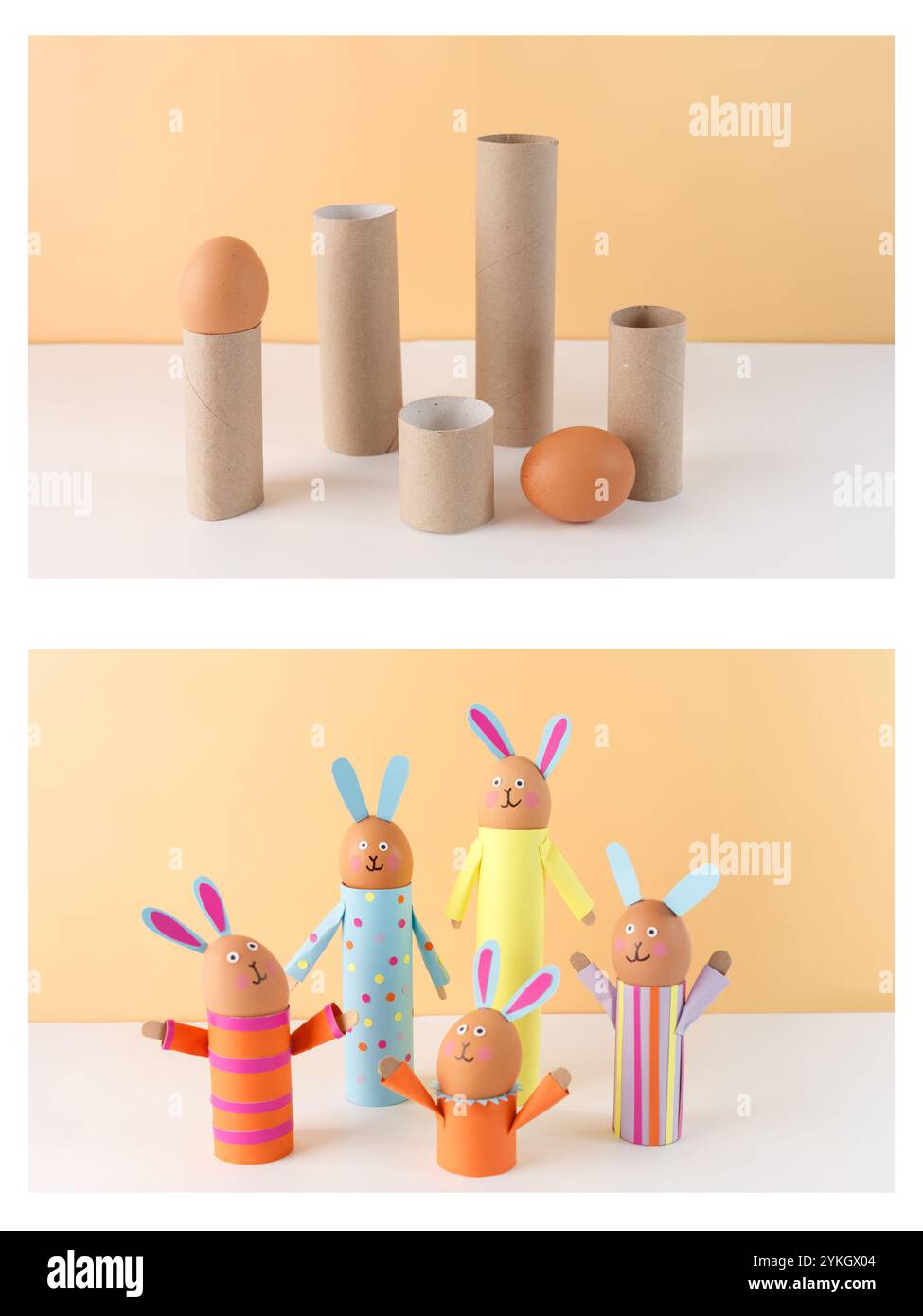 Cinque cuccioli fatti a mano in tubi di cartone con decorazioni di carta colorata. Teste a forma di uovo, orecchie di carta e corpi con motivi geometrici. Pasqua divertente Foto Stock