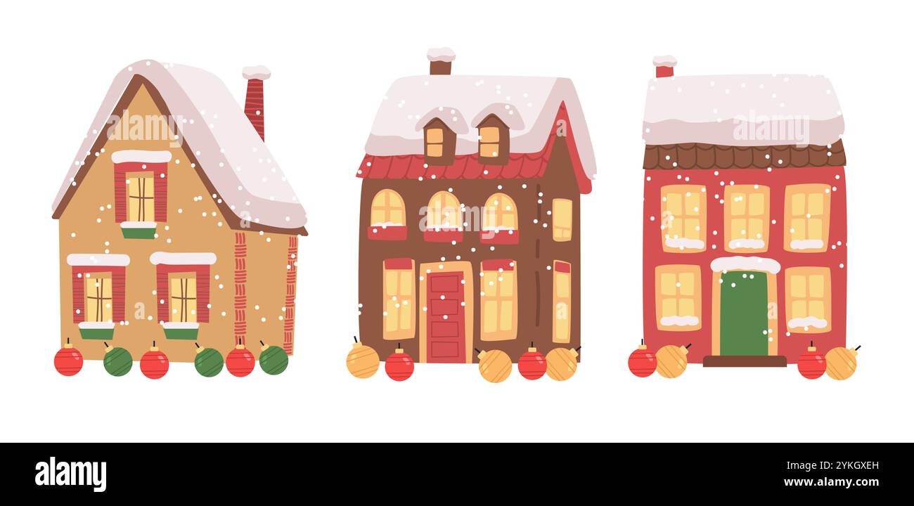 Case invernali con tetti innevati per le feste. Tre case colorate decorate con fiocchi di neve e ornamenti su sfondo bianco Illustrazione Vettoriale