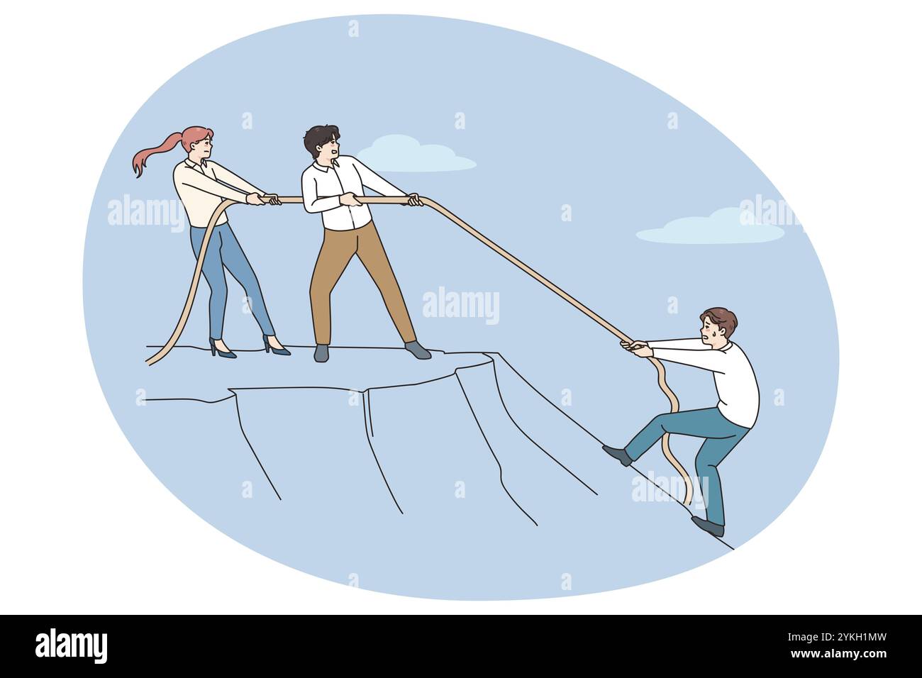 I diversi dipendenti lanciano la corda per aiutare i colleghi a salire in salita. I colleghi aiutano a mostrare sostegno e unità. Concetto di lavoro di squadra e collaborazione in w Foto Stock