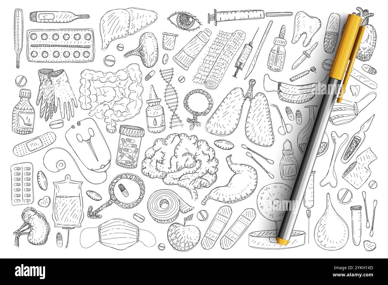 Set di noodle per elementi di recupero medico. Raccolta di farmaci trafilati a mano tampone di riscaldamento, termometro, cerotto adesivo, enema, contagocce, vitamine e Foto Stock