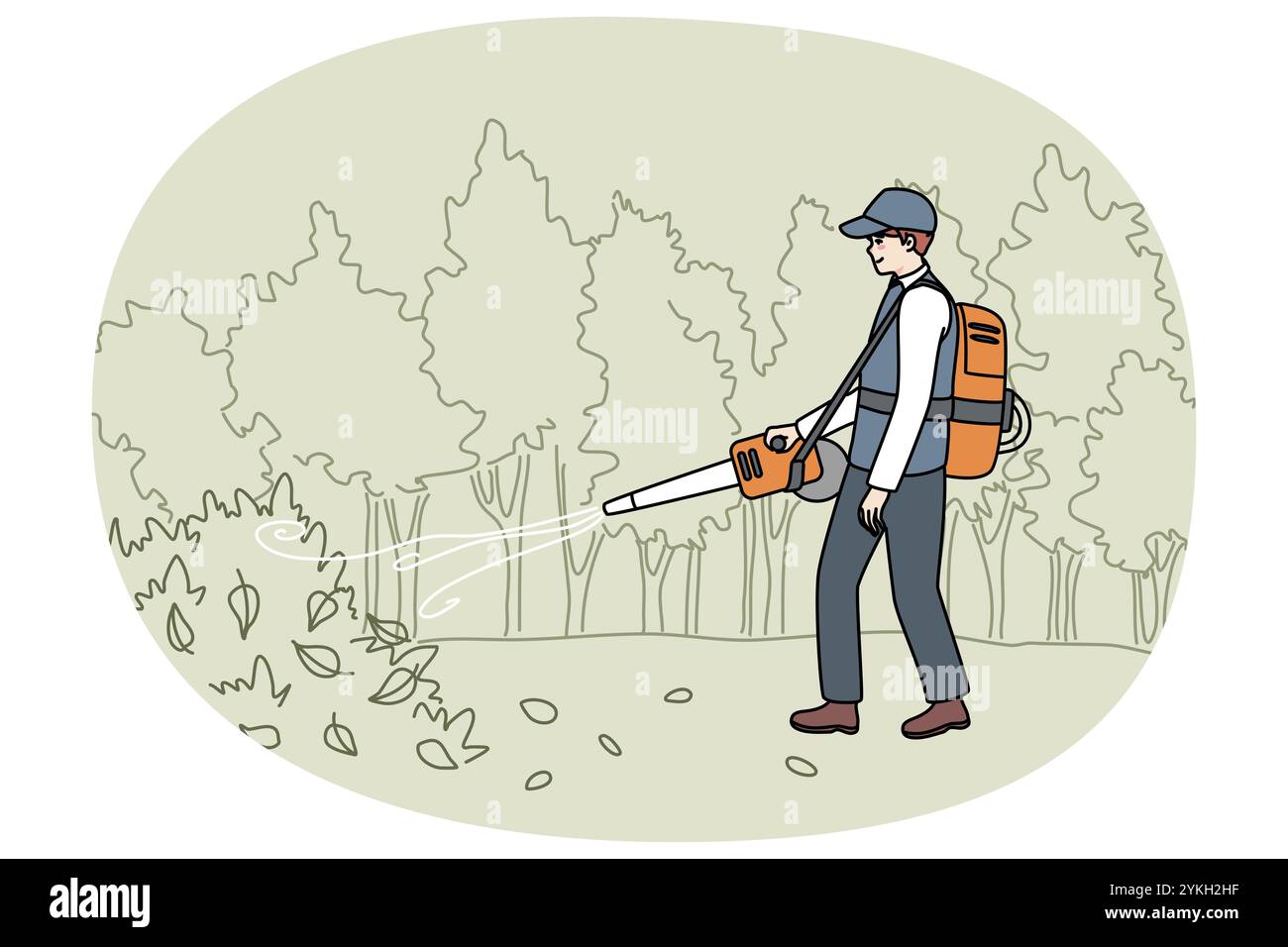 Giardiniere maschile in foglie di raccolta uniforme con pratico vuoto. Uomo handyman che lavora all'aperto in autunno terra di pulizia in giardino sul cortile. Vect piatto Foto Stock