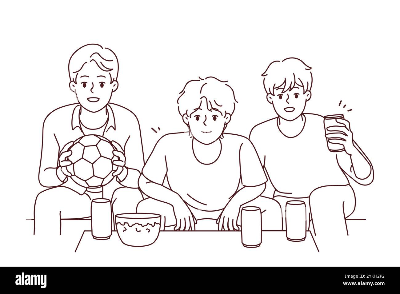 I ragazzi felici guardano il calcio a casa insieme, i ragazzi felici di Vector si divertono a stare seduti a casa a guardare il calcio insieme. Gli amici sorridenti si godono il weekend in casa con Foto Stock
