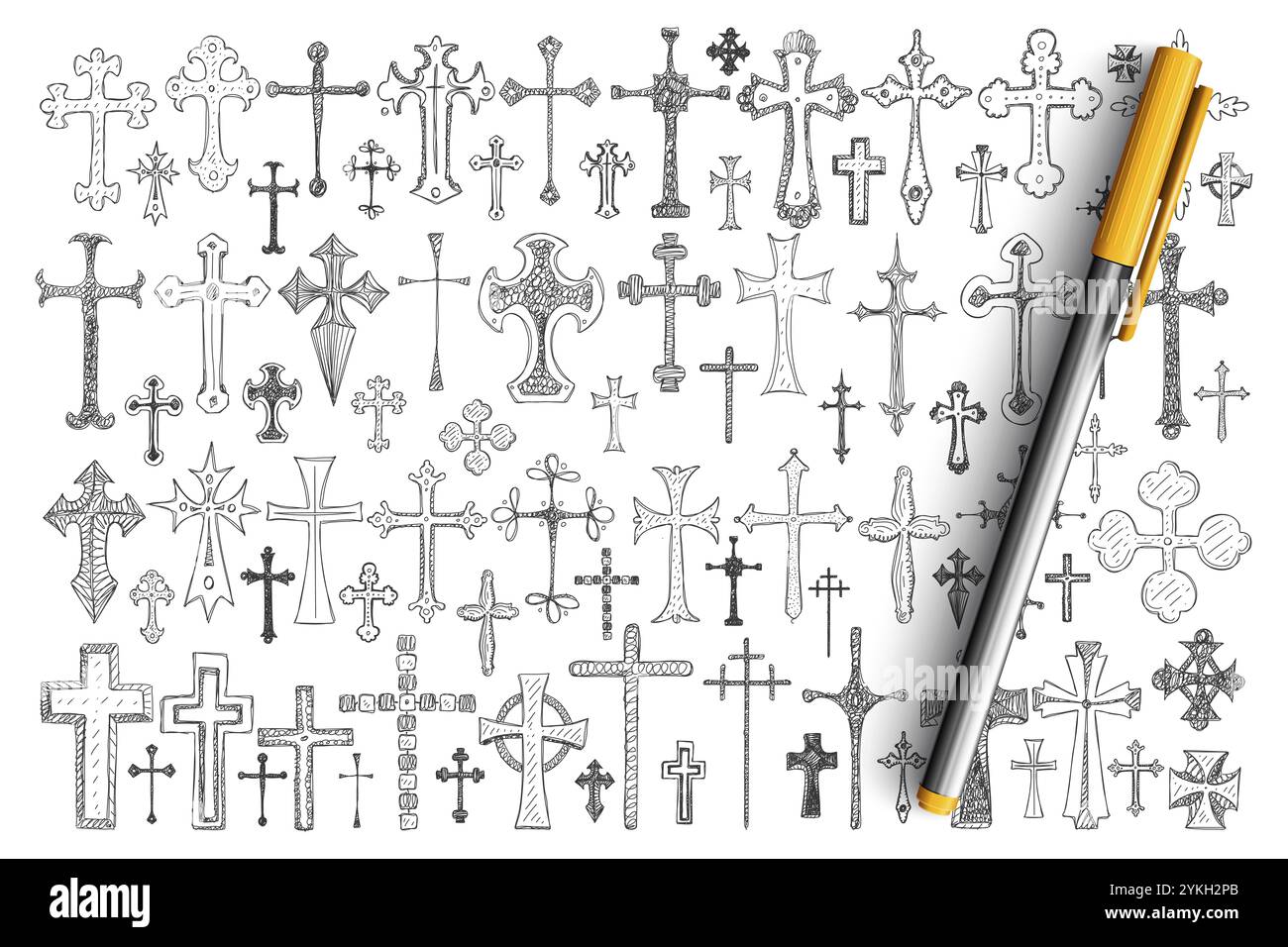 Varie croci religiose set di barbatella. Raccolta di croci disegnate a mano di diverse dimensioni e stili come simbolo della fede religiosa, isolat cristianesimo Foto Stock