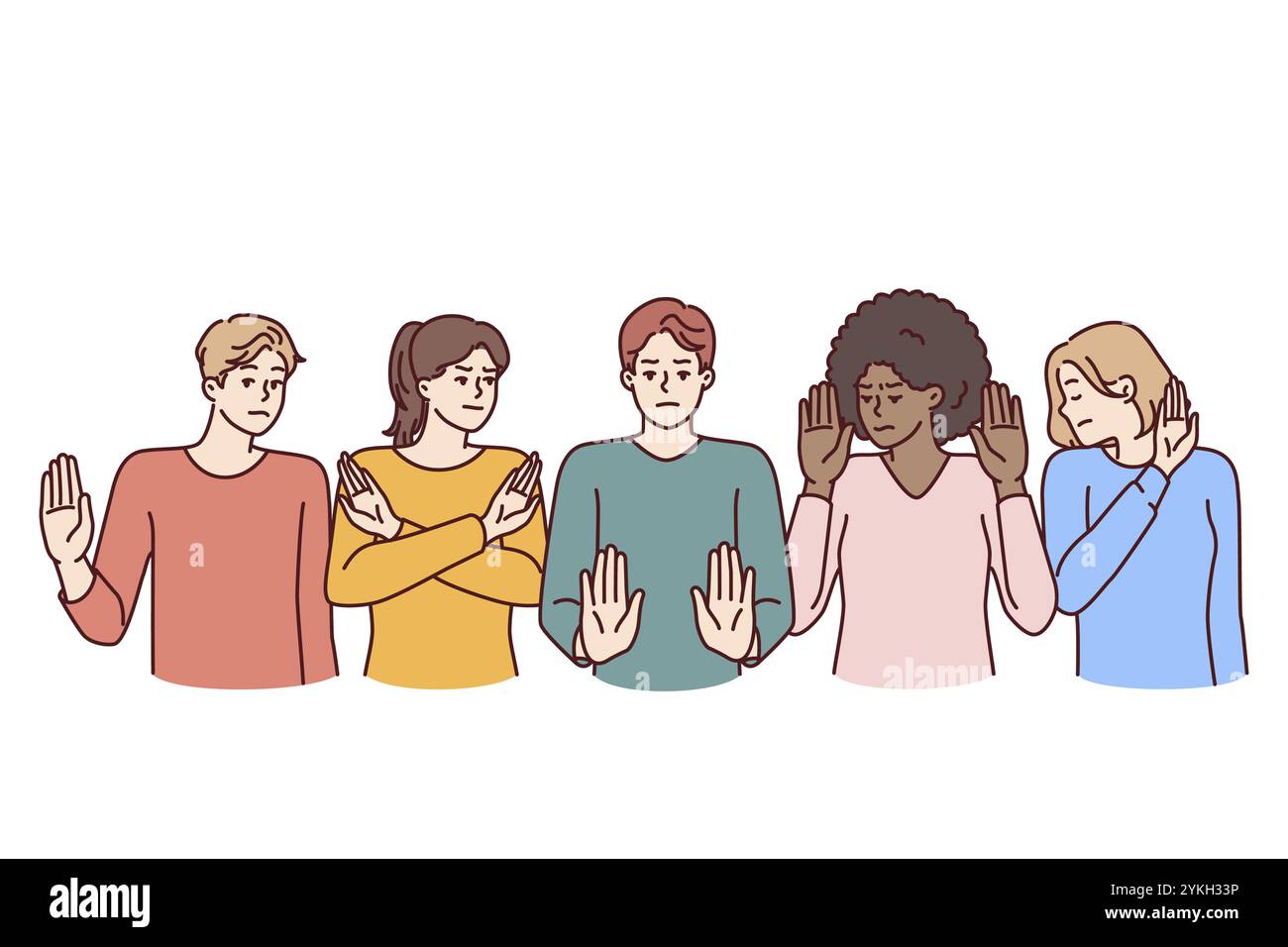 Gruppo di persone multietniche mostrano gesti di stop che non vogliono accettare discriminazioni. Coalizione multietnica di personale o studenti esprimono emozione negativa Foto Stock