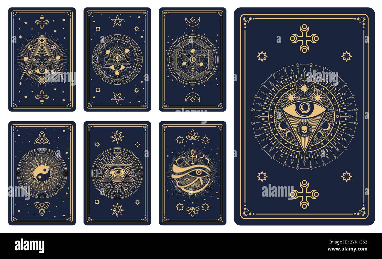 Carte magiche di tarocchi con simboli astrologici, occulti e mistici. Stregoneria vettoriale in stile boho, carte spirituali con segni esoterici dorati di piramide, croce, occhio onnipresente, stelle e motivi celesti Illustrazione Vettoriale