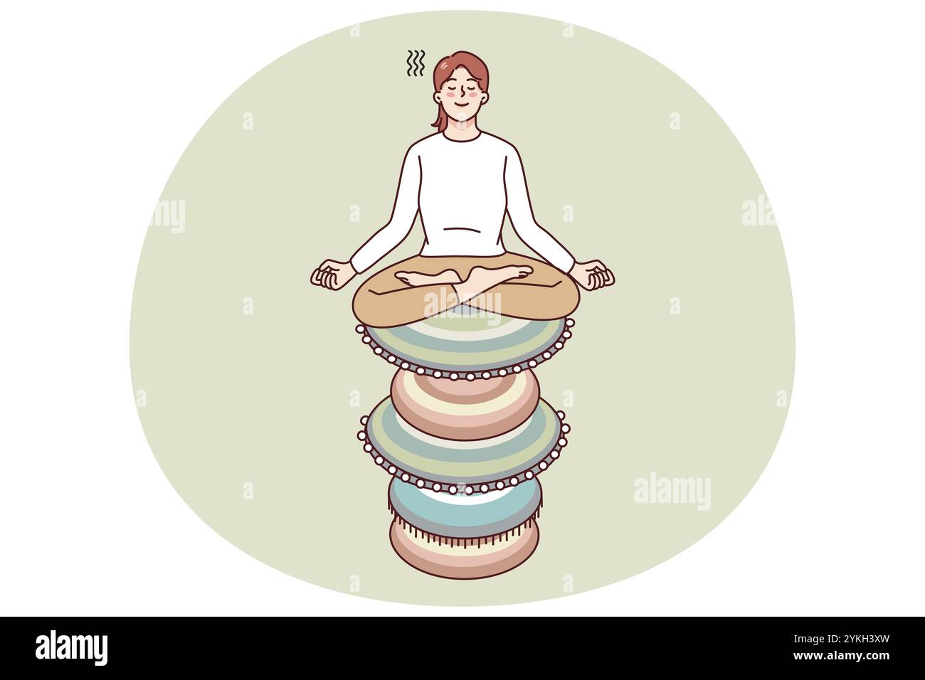 Donna calma seduta su una pila di rocce zen meditando. Yoga femminile pacifico di pratica coinvolto nella sessione di meditazione. Assistenza sanitaria e pace. Illlust vettoriale Foto Stock