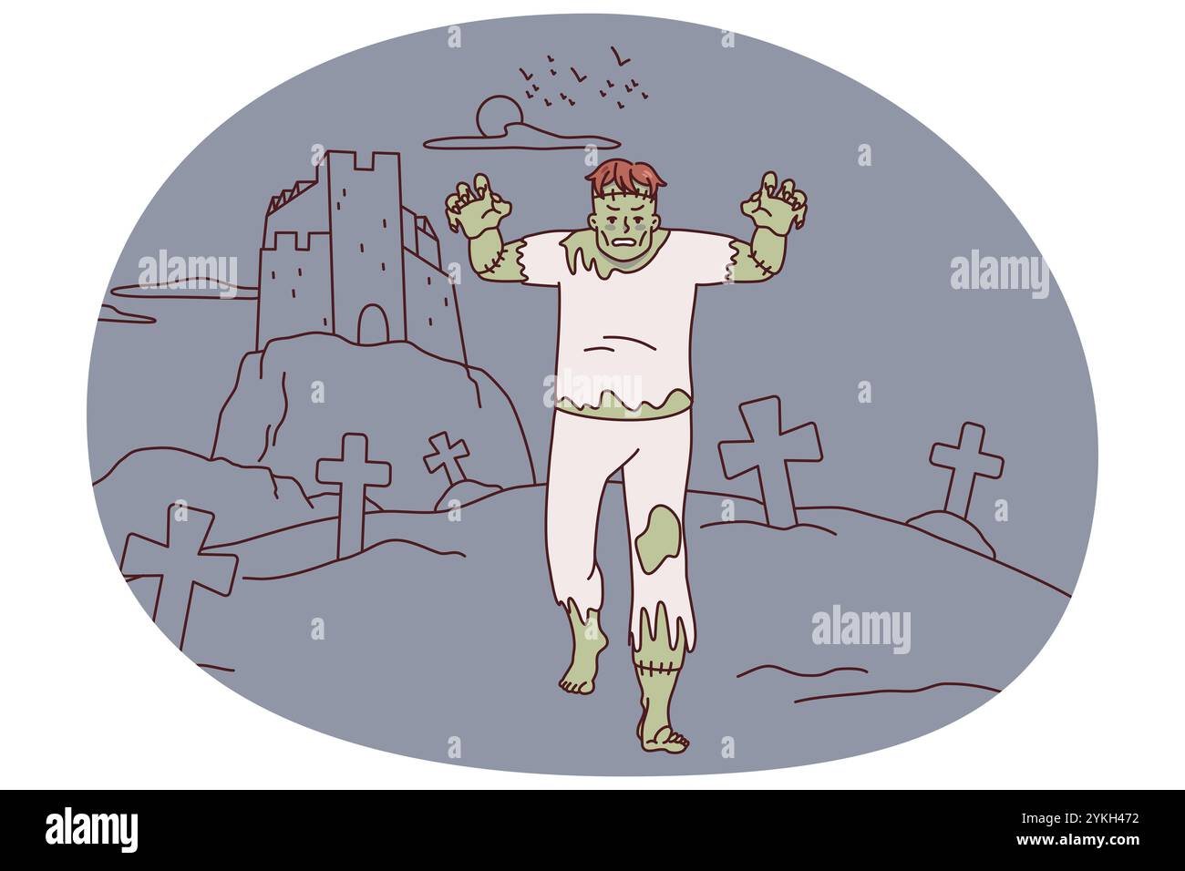 Morti spaventosi che camminano nel cimitero. Frankenstein sta andando spaventando città terrificante. Illustrazione vettoriale piatta Foto Stock