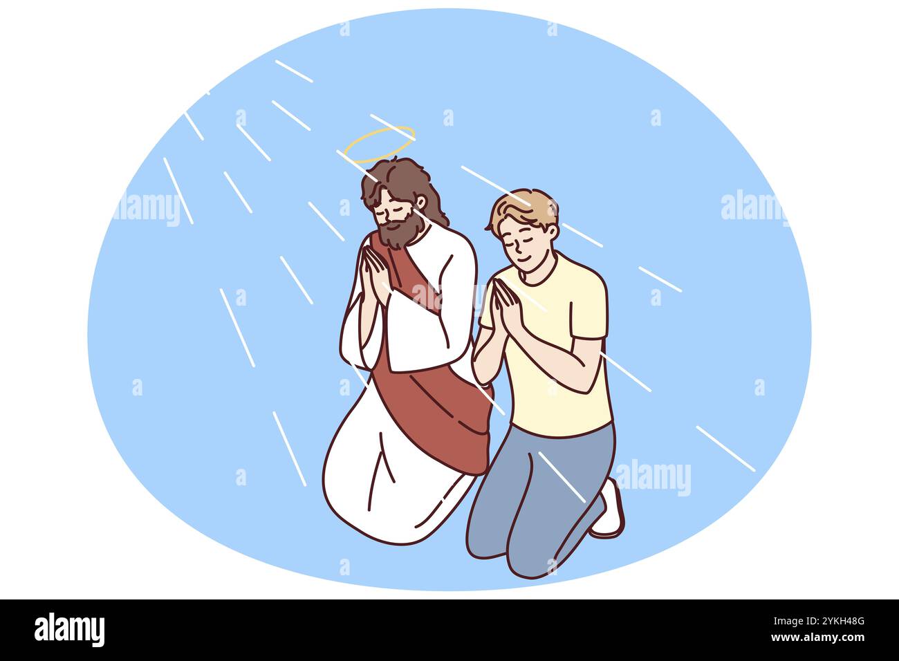 Giovane religioso inginocchiato vicino a Gesù Cristo pregando con le mani insieme. Il credente maschile prega per una buona vita. Religione e fede. Illustrazione vettoriale Foto Stock